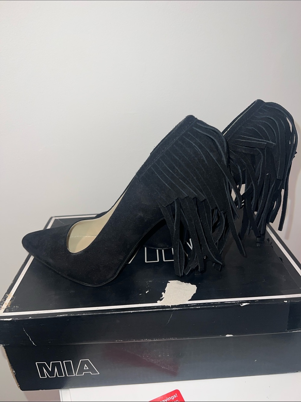 MIA Black Suede Fringe Pointed Pumps